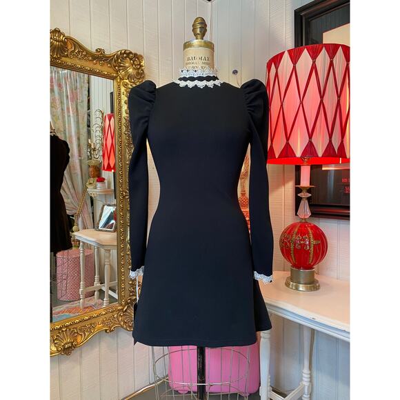 black mod puff sleeve gothic mini dress xs long sleeve flared wednesday lace - Picture 1 of 7